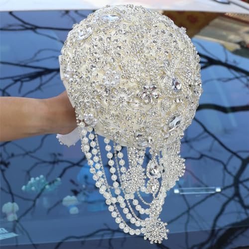 Image of MaxxCloud Luxury Gatsby-Inspired Vintage Wedding Golden Brooch Bouquets Handmade Sliver Bling Glam Wedding Bridal Bouquet (Ivory, 7.1'' /18cm)