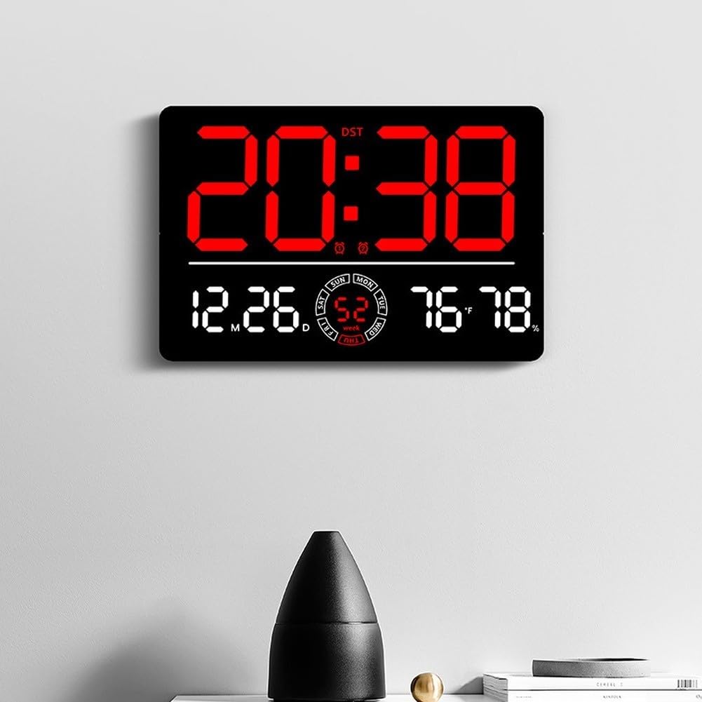 Moderno reloj de pared digital LED con ajuste automático inalámbrico, visualización de temperatura y calendario perpetuo, alarma de brillo ajustable para decoración de sala de estar y