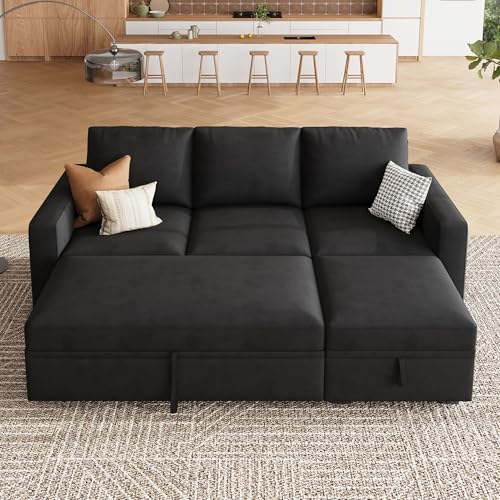 Image of HONBAY Modular Sectional Sleeper Sofa with Pull Out Bed, L Shaped Couch with Storage Seat, Modular Sectional Couches for Living Room - Black