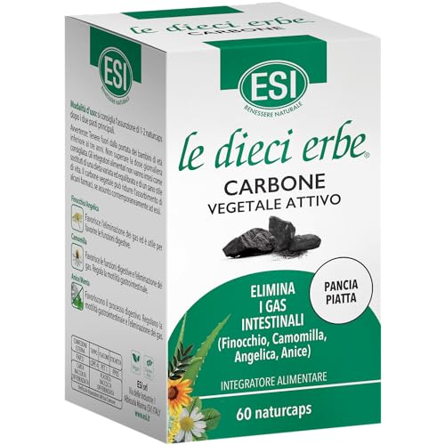 ESI - Le Dieci Erbe Carbone Vegetale Attivo, Integratore Alimentare con Estratti Vegetali, Combatte Gonfiore Addominale e Flatulenza, Effetto Pancia Piatta, Senza Glutine e Vegan, 60 Naturcaps