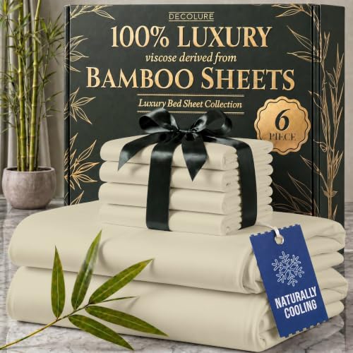 DECOLURE 100% Viscose Derived from Bamboo Sheets Queen Size - Luxury 6 Pc Naturally Cooling Sheets, Ultra Soft Bed Set - Deep 17' Pockets, Durable Double Stitching, Oeko Tex Standard (Creme)