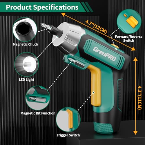 Image of GRENPRO 4V Electric Screwdriver Rechargeable 10pcs, Cordless Screwdriver, USB Small Power Screwdriver Set with Bits, Green, Ideal for Home Repairs