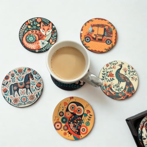 Image of Zesta Coasters for Cups Set of 6 / Wooden Coasters for Bar Accessories for Home /Tea Coaster Set of 6 / Waterproof Dining Table Decor Glass Cover (Animal A, Circle)