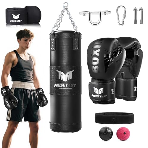 Mesetast Punching Bag for Kids Teenagers, 2.7ft Kids Punching Bag with 8 OZ Boxing Gloves for Youth Boxing MMA Karate Kickboxing - Unfilled