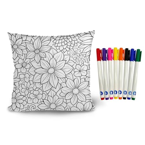 Fkwergsy Color Your Own Pillow Case Floral Pillowcase with 8 Fabric Markers DIY Craft Color in Pillowcase Blank Pattern Pillow Covers Creative Painting Activty for Women & Girls, 18 x 18 Inch