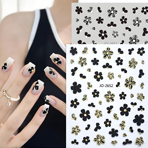 2 Sheets Flower Nail Stickers 3D Floral Nail Art Stickers Self Adhesive Camellia Design with Gold Edging Nail Art Accessories for DIY Nail Art Beautiful Flower Nail Decals for Stylish Manicure