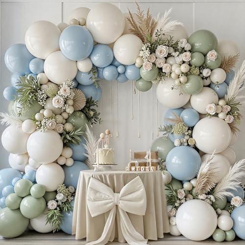 Winrayk 155Pcs Dusty Blue Sage Green Balloon Arch Kit, 18'' Light Blue Green White Balloons Garland...