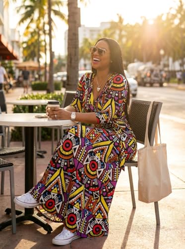 Image of Yajedo Womens Casual Summer Maxi Dress Plus Size Sexy Wrap V Neck 3 /4 Sleeve Sundress with Pockets