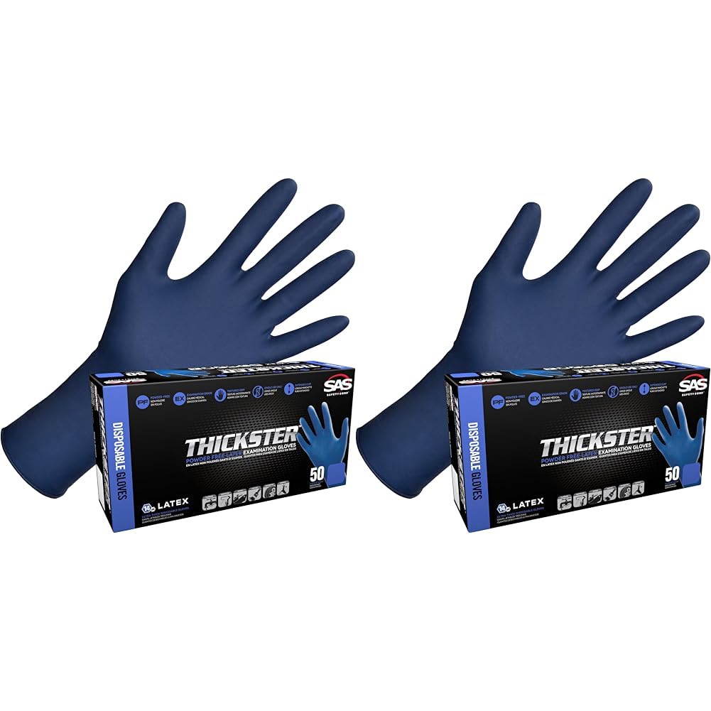 SAS Thickster Powder-Free 14 mil Thick Latex Disposable Gloves, Fully Textured, 12" Length, Packs of 50, Sizes Large and Medium