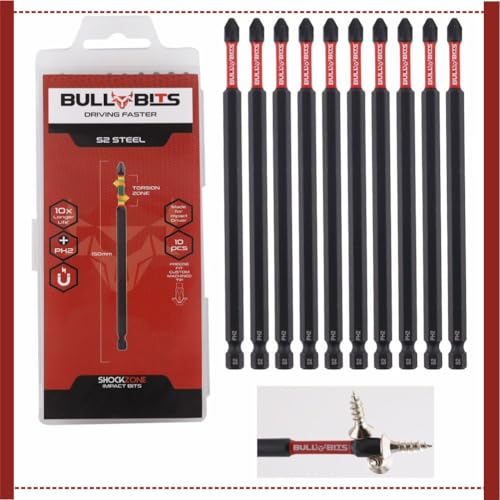 10x Bull Bits 150mm PH2 Impact Screwdriver Bits Set – Phillips No 2, Shock Zone, S2 Steel, Torsion Zone