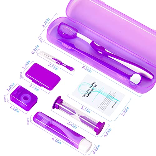 Braces Kit Cleaning Tools Boxed 8 Pack For Orthodontic, Portable Travel Dental Pick Tool Set For Braces, Interdental Brush, Ortho Wax, Floss, Oral Mirror Included - Purple #TOP1