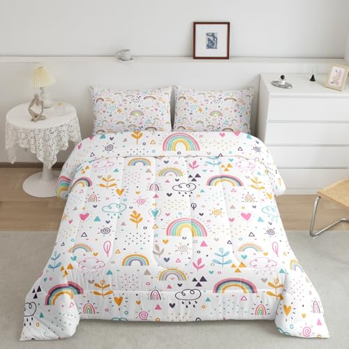Child Boho Rainbow Comforter Set King Size Kids Girls Floral Leaves Bedding Set 3Pcs Cartoon Pink Blue Cloud Dots Quilt Set Teens Women Room Decor Botanical Bright Duvet Insert,2 Pillowcase