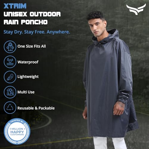 Image of Xtrim Unisex Outdoor Rain Poncho for Adults, Multi Use, Waterproof, Lightweight, Durable, Reusable, Emergency Raincoat with Hood, Windproof, One Size Fits All for Travel, Camping, Cycling, Grey