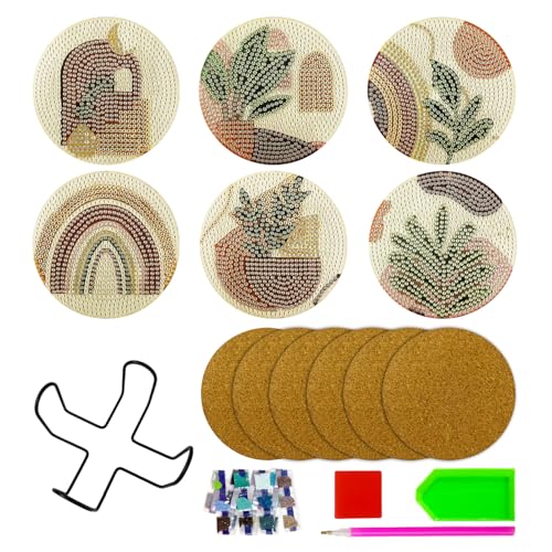 DHSBGWSX Juego de 6 Posavasos de Madera con Marco de Hierro, Redondos con Patrones de Plantas, Multicolor