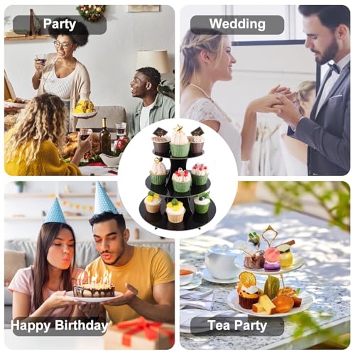 LOPYXBR 6PCS Black Cardboard Cake Stand 3 Tier Cardboard Cupcake Stand, Round Black Afternoon Tea Stands, Reusable Cardboards Dessert Stands for Birthday Wedding Anniversary Party - Image 7