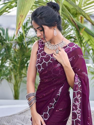 Image of Satrani Women's Georgette Sequence Work Saree with Unstitched Blouse Piece