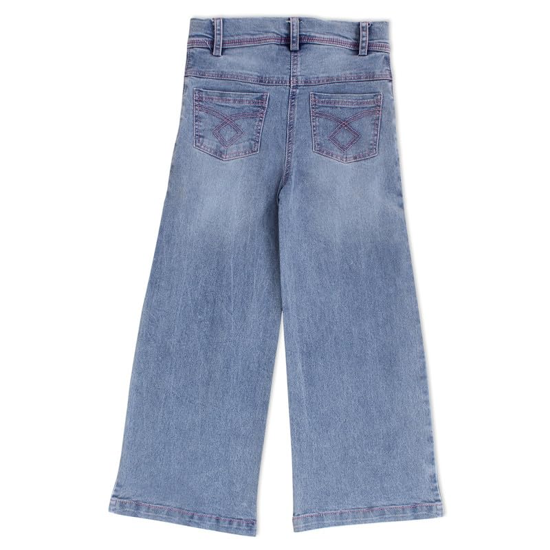 Image of Cutecumber Girls Cotton Rich Denim Wide-Leg Jeans - Side Panel Printed with Floral Ribbon Accessory, Stylish Casual Outfit for Baby Girls & Kids (Age 1-15 Years)