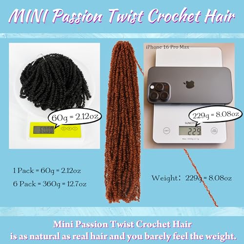 Mini Passion Twist Crochet Hair for Black Women-18 Inches 6 Packs Pure Ginger Pre Twisted Elastic and Cuttable Hair Extensions,Braided by Soft Synthetic Twist Bohemian Curl(18"-6P,350#)