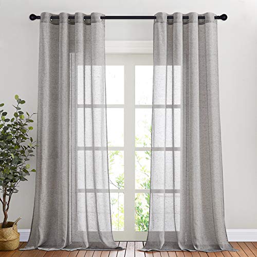 NICETOWN Linen Curtains Charcoal Grey for Cold Wind, Grommet Casual Flax Semi Sheer Window Drapes with Light Filtering for Farmhouse/Living Room, W52 x L90, Set of 2