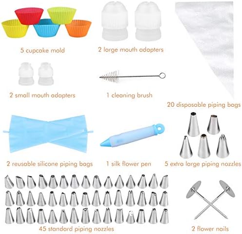 85 pcs Cake Decorating Supplies Kits,WisFox Icing Piping Nozzles Tips,Include 50 Piping Nozzles, 22 Piping Bags, 5 Cupcake Mold, 4 Mouth Adapters, 2 Flower Nails, 1 Silk Flower Pen, 1 Brush