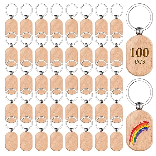 Voittozege 100 Pcs Wooden Keychain Blanks Wood Key Chain Bulk Rounded Square Wooden Blank Keychains Unfinished Blanks Wood Keychains Blank Wooden Key Tag for DIY Gift Craft Supplies