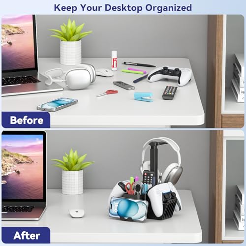KDD Dual Controller Holder with Headphone Stand - Multi-Functional Desk Storage Accessories Box with Phone Holder - Controller Headset Stand with Desktop Organizer for Remote Control Black - Image 8