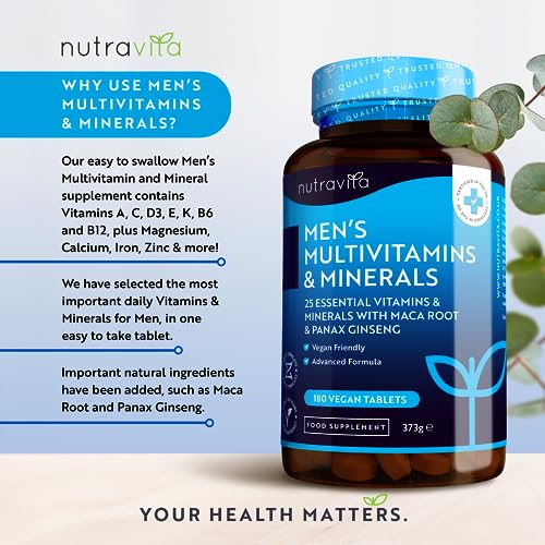Men's Multivitamins and Minerals - 25 Essential Active Vitamins and Minerals with Added Maca Root and Panax Ginseng - 180 Vegan Tablets - No Synthetic Fillers or Binders - Made in The UK by Nutravita - Image 3