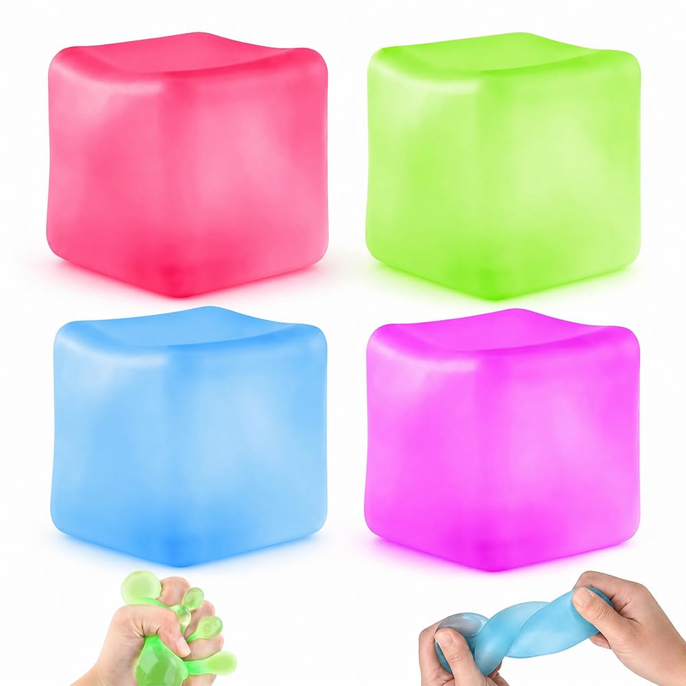 4PCS Large Stress Balls for Kids Adults, Ice Cube Squeeze Fidget Toy Set Colorful Squeeze Cube Sensory Squishy Toys, Stress Balls for Autism, Square Stress Ball Anxiety Relief Toy Age 3+