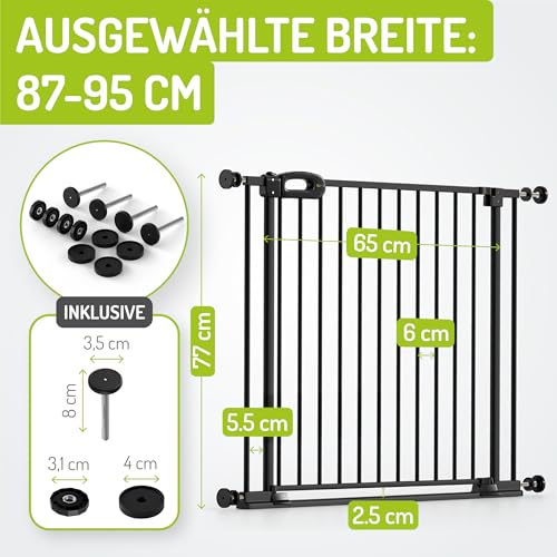 Bomi Treppenschutzgitter Merle Flatstep, Breite 87-95 cm | Türschutzgitter ohne Bohren, stabile Kindersicherung für Kind & Hund, TÜV geprüftes Hundegitter, Türgitter, Treppengitter, Metall Schwarz