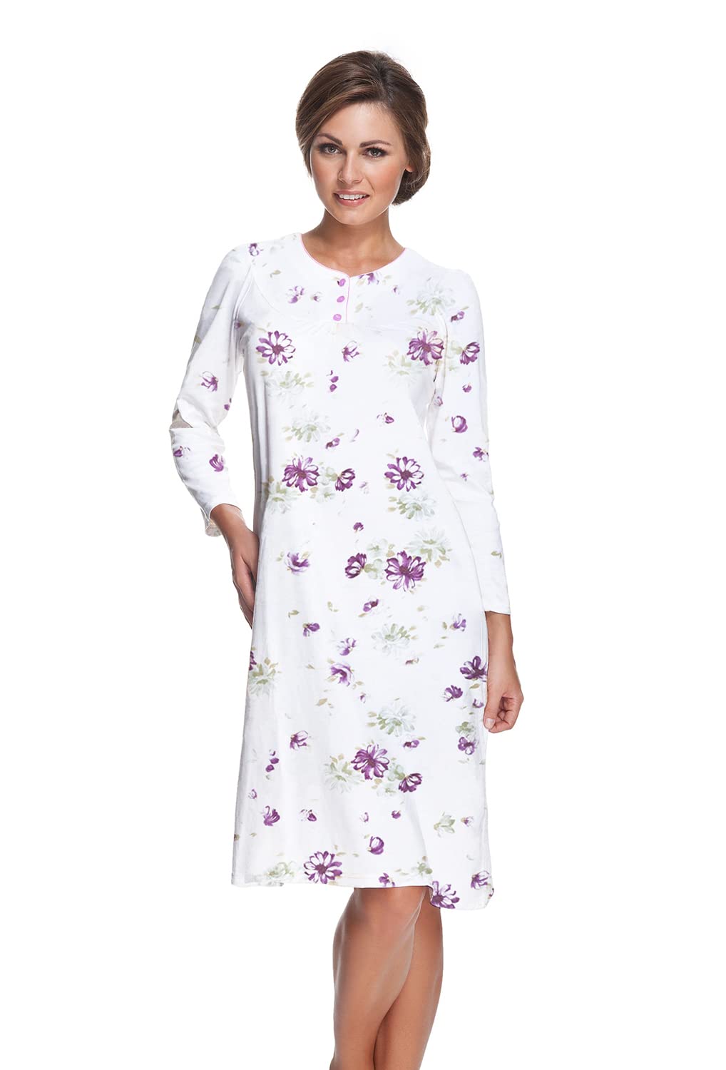 e.Femme® Kate 1029 Ladies Long Sleeve 100% Cotton Nightdress, White/Aubergine, 14