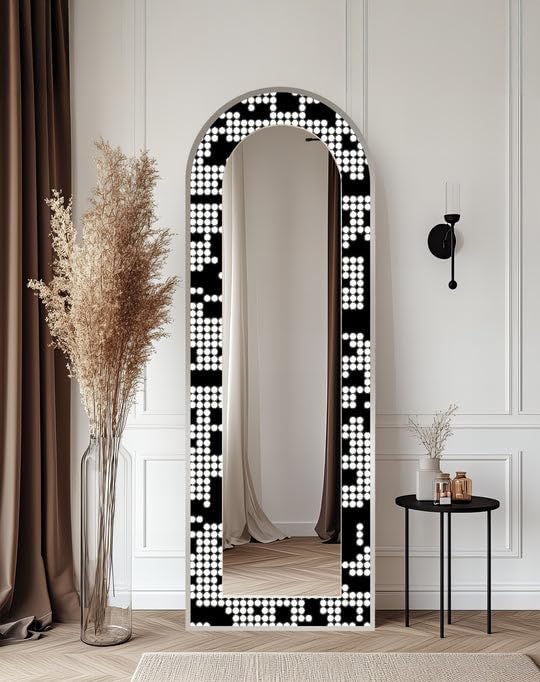 Specchio da pavimento a forma di punto monocromatico, lunghezza totale 50,8 cm x 160 cm (larghezza x altezza), specchio da pavimento con cornice nera e cornice dorata