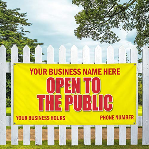 Vinyl Banner Multiple Sizes Open to The Public Advertising Printing D Business Outdoor Weatherproof Industrial Yard Signs Yellow 4 Grommets Personalized Text Here 16x40Inches - Thumbnail 2