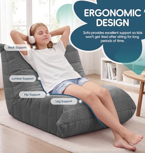 Image of Hobestluk Medium Bean Bag Chair Faux Fur Fabric BeanBag Couch for Playroom | Grey Corduroy,Ergonomic Design,Memory Foam,Strong Supportive,No Assembly Required,Decorative Style for Living Room Bedroom