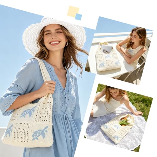 Image of PALAY Crochet Tote Bag Shoulder Bag Floral Hand Bag Hollow Out Bag Casual Tote Bag Multi-Purpose Crochet Travel Tote Bags for Women Office Use, College