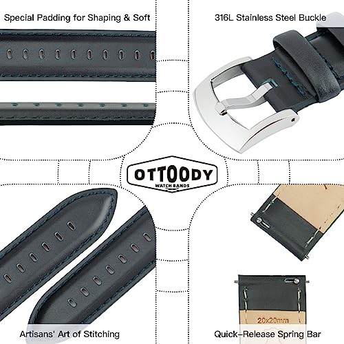 Image of OTTOODY Leather Watch Bands Quick Release, Elegant Top Grain Leather Watch Straps for Men & Women, Choice of Color & Width - 18mm, 19mm, 20mm, 21mm or 22mm Wristbands Bracelet for Watch & Smartwatch