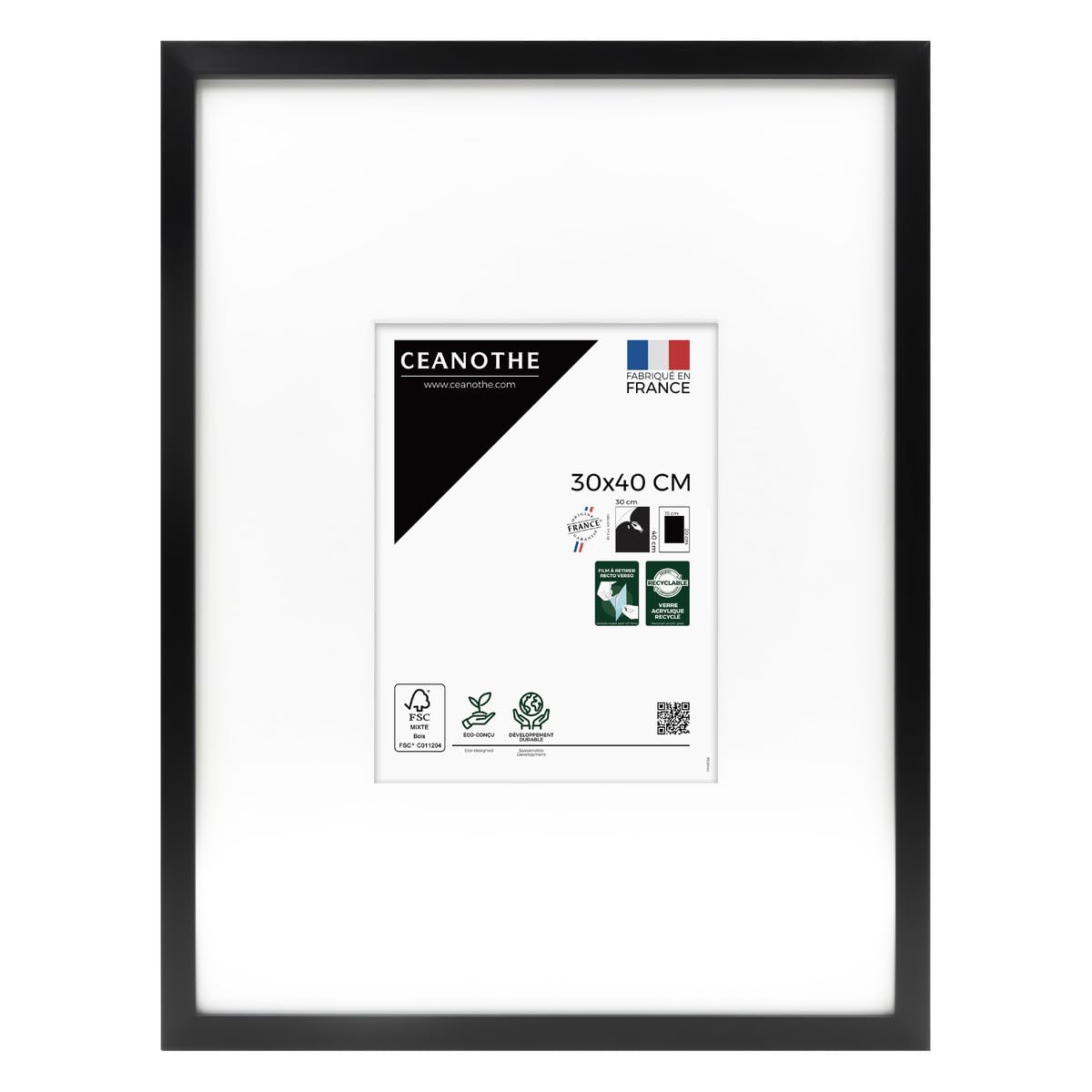 Ceanothe Cadre Photo 30x40 cm en Bois Noir avec passe-​partout 15x20 cm - Convient au A4 Baguette Fine et Raffiné de la Collection WILD - Verre acrylique Incassable Fabriqué en France