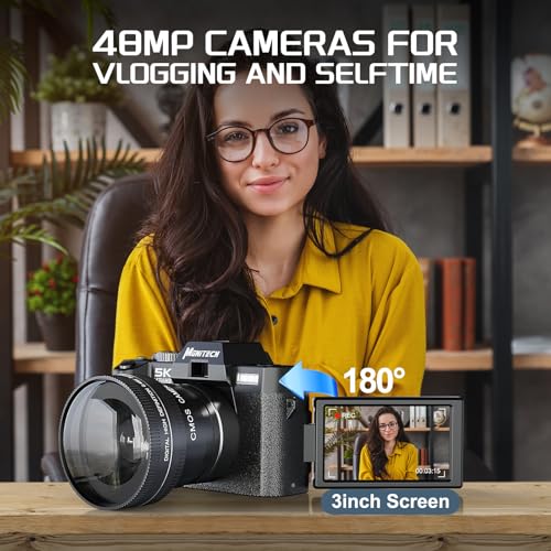 Foto de Cámara compacta digital 5K para fotografía y video, cámara de vlogging de 48MP para YouTube con pantalla abatible de 180°, zoom digital de 16X, lente gran angular y macro de 2.047 in, 2 baterías (imagen 5)
