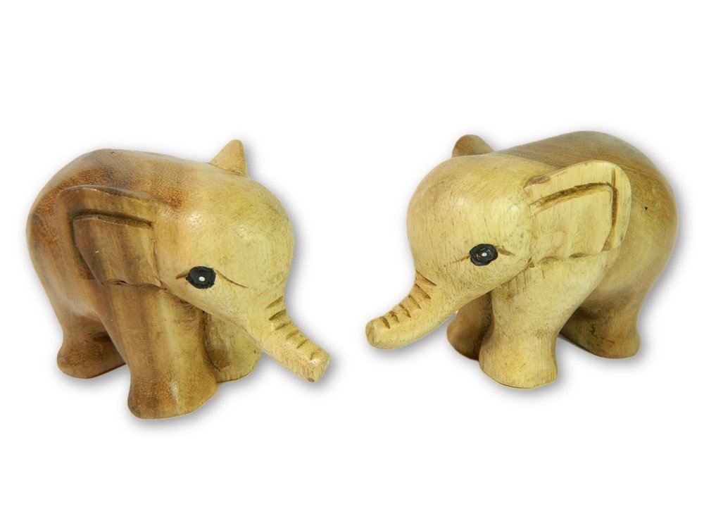 Thai Gifts Wooden Elephant Carving - Pair of Hand Carved Baby Elephants - Natural