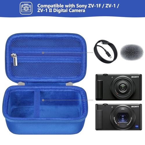 Image of Hard Travel Case for Sony ZV-1F / ZV-1 / ZV-1 II Digital Camera, Vlogger Camera Storage Holder Travel Bag with Zipper Mesh Pocket for Battery Pack, Charging Cable, USB Card, Blue