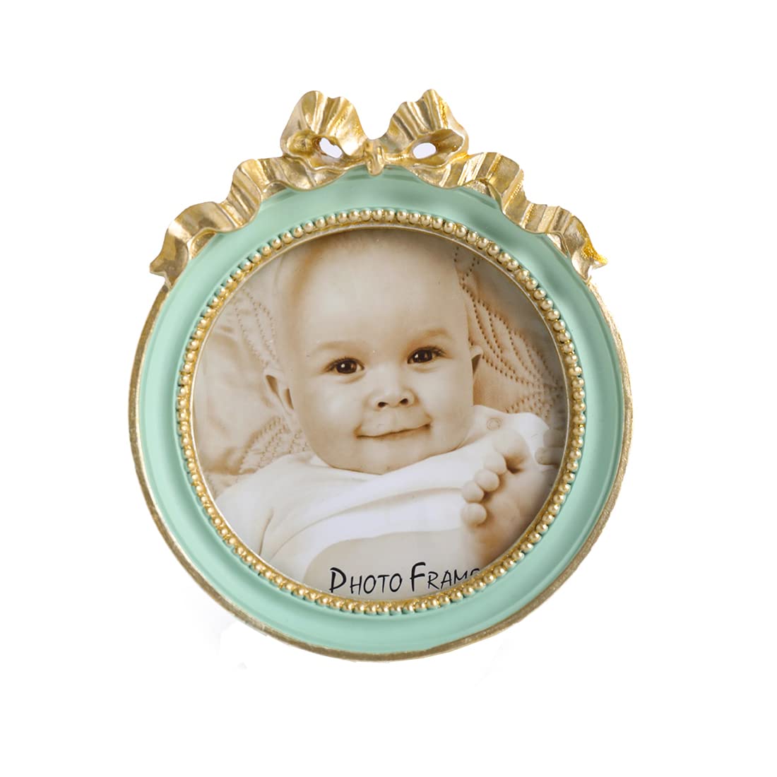 KangceKangce Vintage Picture Frames 3.5x3.5 Wallet Size Set of Antique Ornate Frames - Small Circle Round Frames in Green - Tabletop and Wall Mount Cute and Elegant Beaded Embossed Bow
