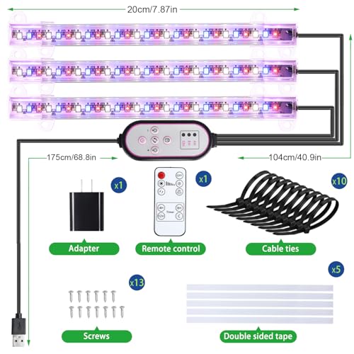 Image of 7.8'' 3 Head LED Grow Light Strips, Grow Lamps for Indoor Plants Full Spectrum, Plant Light with 4 /8 /12H Timer, 10 Dimmable Levels for Seedling Succulent,Best Match for Plant Shelf