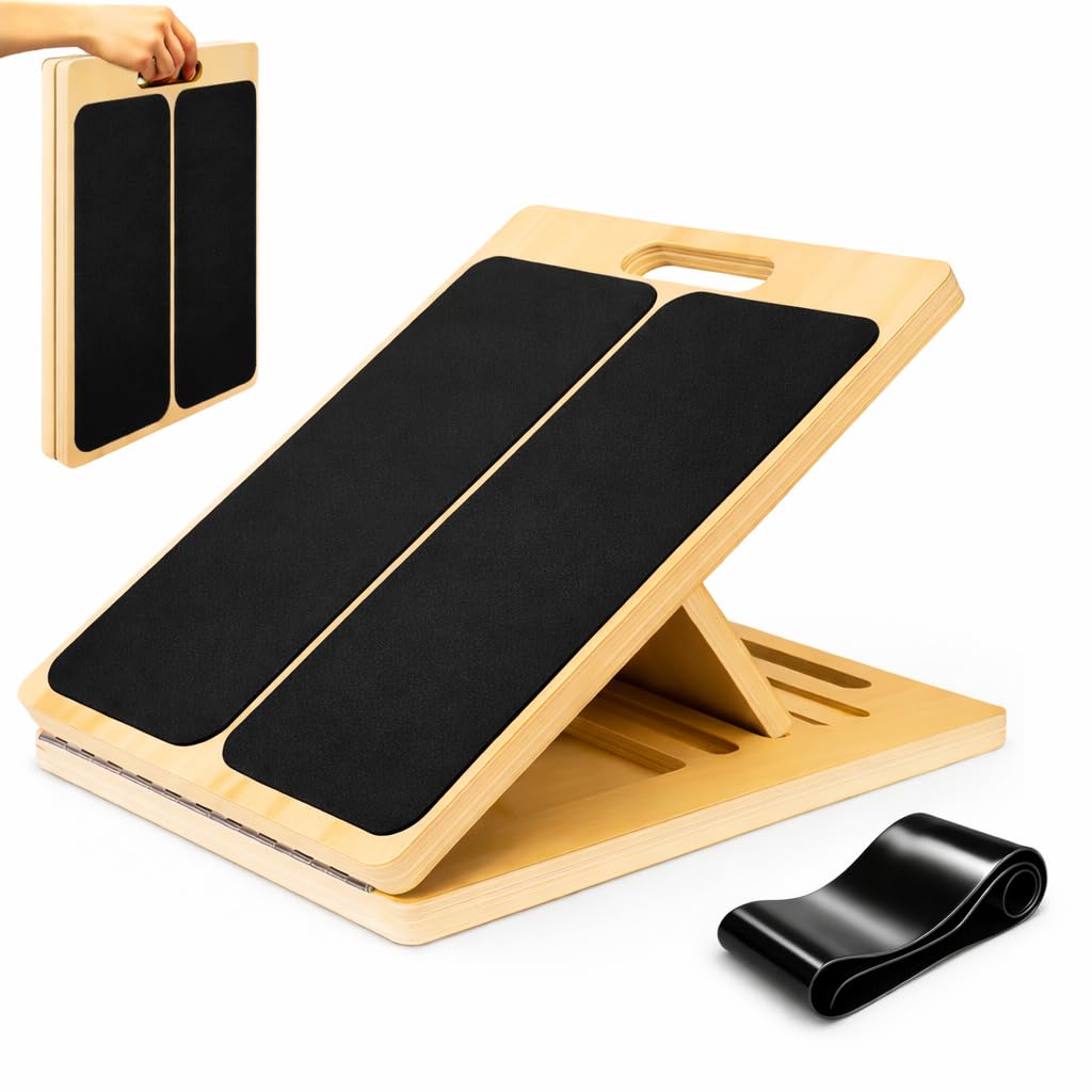 Adjustable Wooden Slant Board with Black Resistance Band for Calf & Hamstring Stretching, squate Wedge, Non-Slip Portable Stretch Board for Home Gym & Physical Therapy