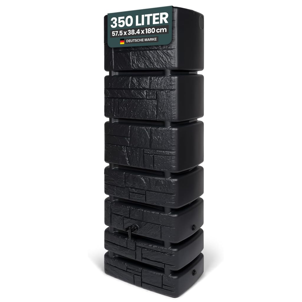 Kreher Wassertonne XXL Tower Stone mit Wasserhahn (Anthrazit) | Regentonne in Stein-Optik, 350 L, Maße 57,5 x 38,4 x 180 cm, zur Gartenbewässerung