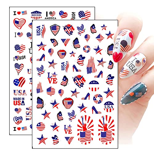 8 Sheets Independence Day Nail Art Sticker Decals 4th of July Nail Decorations Various Forms of National Flag Pattern Design for Women Girls