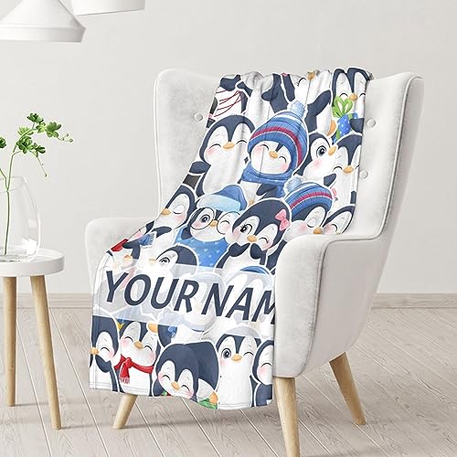 Custom Penguin Blankets with Name - Soft Warm Blanket Throw for Kids, Adults - 30"x40" Small Blankets for Couch, Work - Blue Cute Blanket Gifts