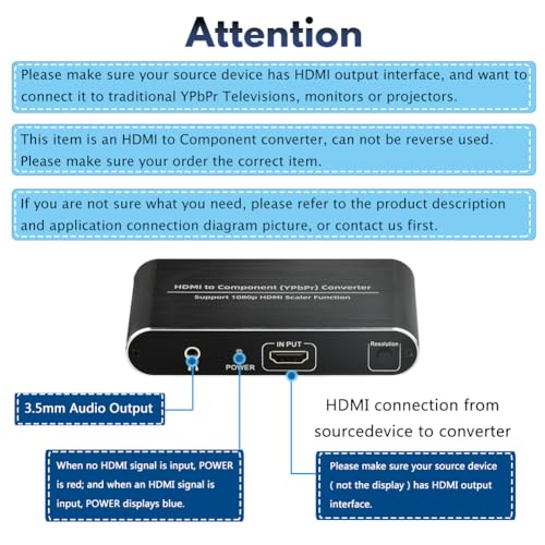 HDMI to Component Converter with Scaler Function, HDMI to YPbPr 5RCA RGB Scaler Adapter V1.4 with R/L Audio Output Support for MacBook TV Blu-Ray DVD PS4 DVD, PSP, Xbox 360,Amazon Fire TV