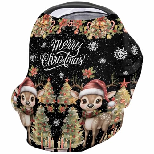 Nursing Cover for Breastfeeding Scarf, Christmas Tree Winter Deer Garland Bell Poinsettia Black Baby Car Covers Super Soft Multi Use for Canopy Shopping Cart Cover Blanket Stroller Cover