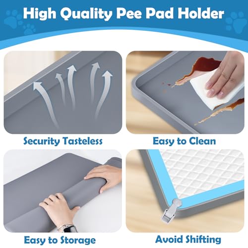 Dog Pee Pad Holder, Dog Potty Tray Silicone Puppy Pad Holder Tray Fits for 24\" x 24\" Training Pads, Puppy Potty Tray With 4 Clamps No Spill Raised Lip High Edge for Indoor Floor Protection (Dark Grey)