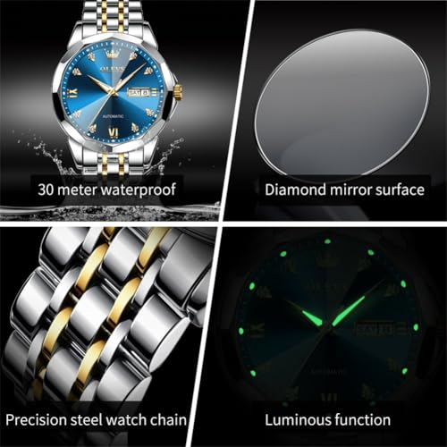 Image of OLEVS Watch for Men Automatic Classic Mechanical Watch Diamond Mirror Stainless Steel Dress Casual Waterproof Day /Date Calendar