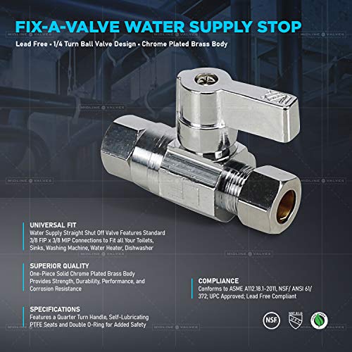 Image of Midline Valve 27-GT38-OM-5 Water Supply Stop Valve with Quarter Turn HANDLE ; One Piece Design; 3 /8 in. FIP x 3 /8 in. MIP; Chrome Plated Brass (5 Pack)